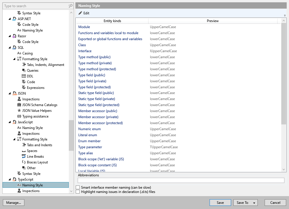 ReSharper options: Code Editing | TypeScript | Casing
