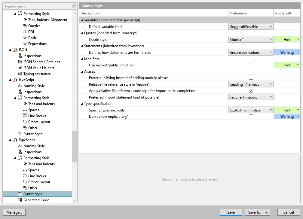 ReSharper options: Code Editing | TypeScript | Syntax Style