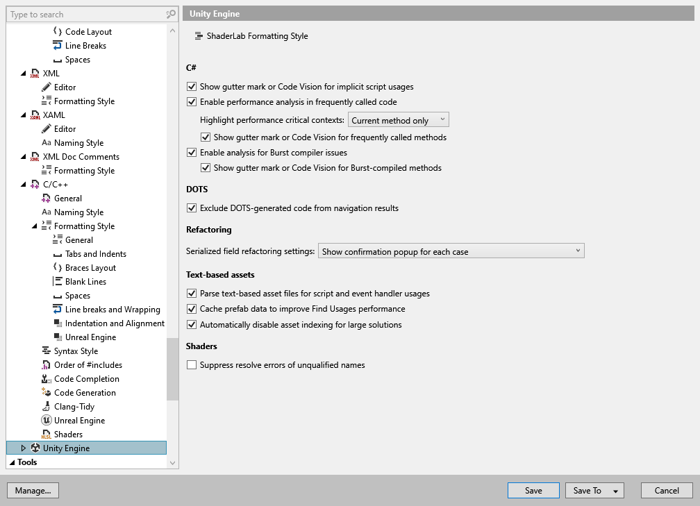 ReSharper options: Code Editing | Unity Engine