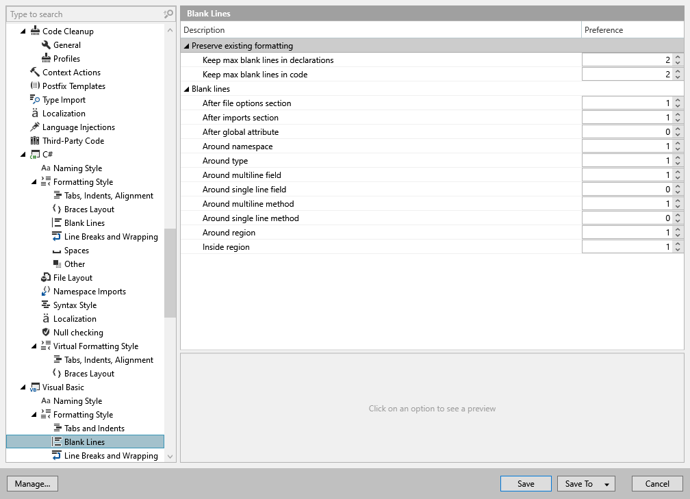 ReSharper options: Code Editing | Visual Basic | Formatting Style | Blank Lines