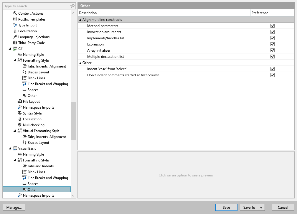 ReSharper 选项：代码编辑 | Visual Basic | 格式化样式 | 其他
