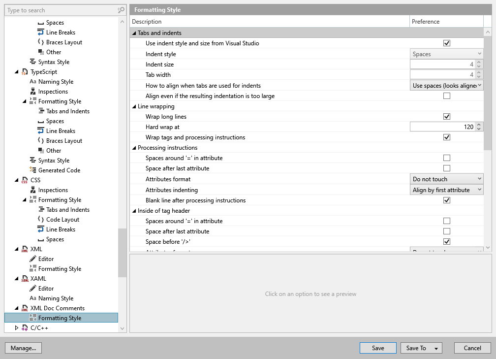 ReSharper options: Code Editing | XML Doc Comments | Formatting Style