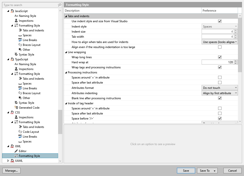 ReSharper options: Code Editing | XML | Formatting Style