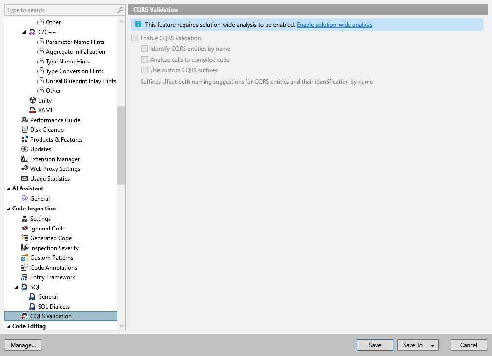 ReSharper options: Code Inspection | CQRS Validation