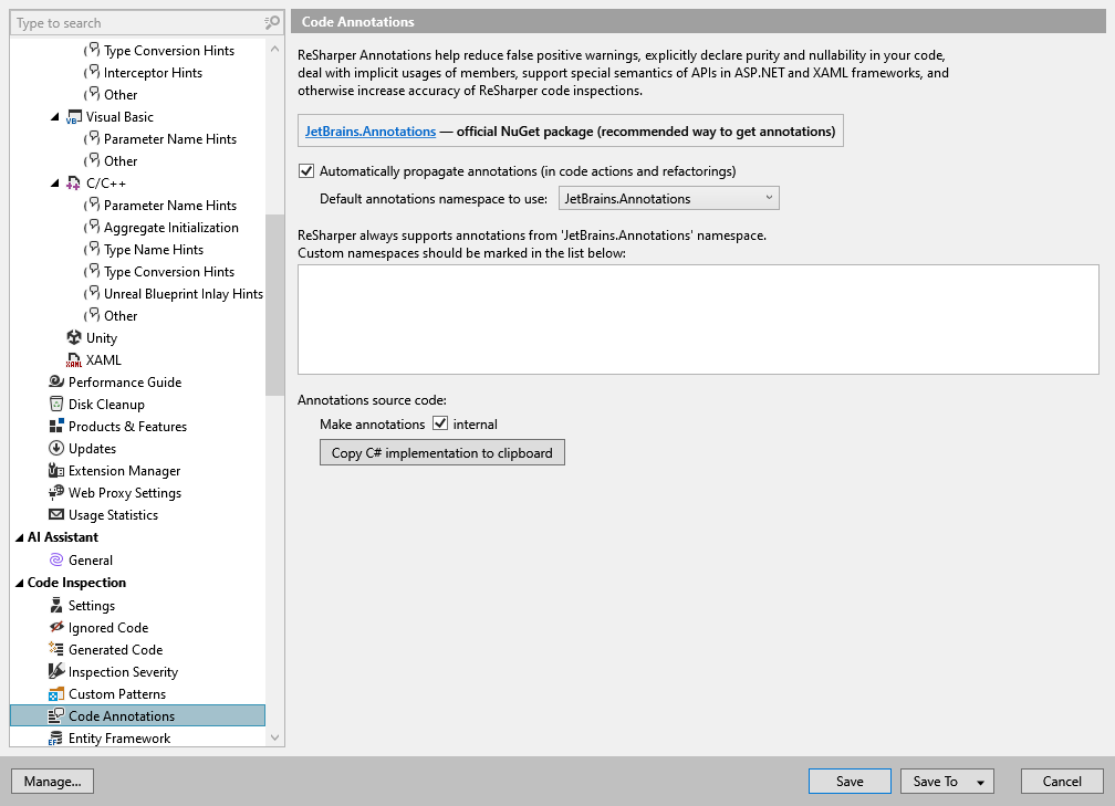 ReSharper options: Code Inspection | Code Annotations ReSharper options: Code Inspection | Code Annotations