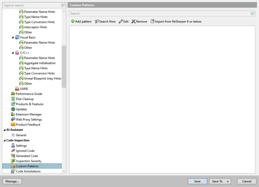 ReSharper options: Code Inspection | Custom Patterns ReSharper options: Code Inspection | Custom Patterns