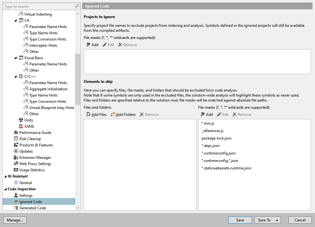 ReSharper options: Code Inspection | Ignored Code