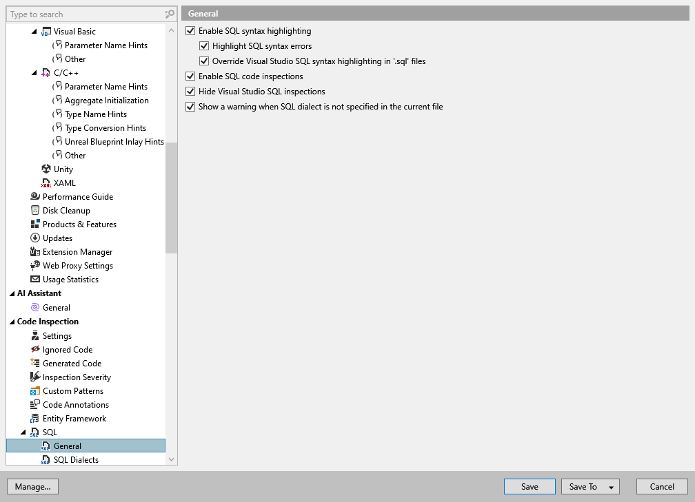 ReSharper options: Code Inspection | SQL | General