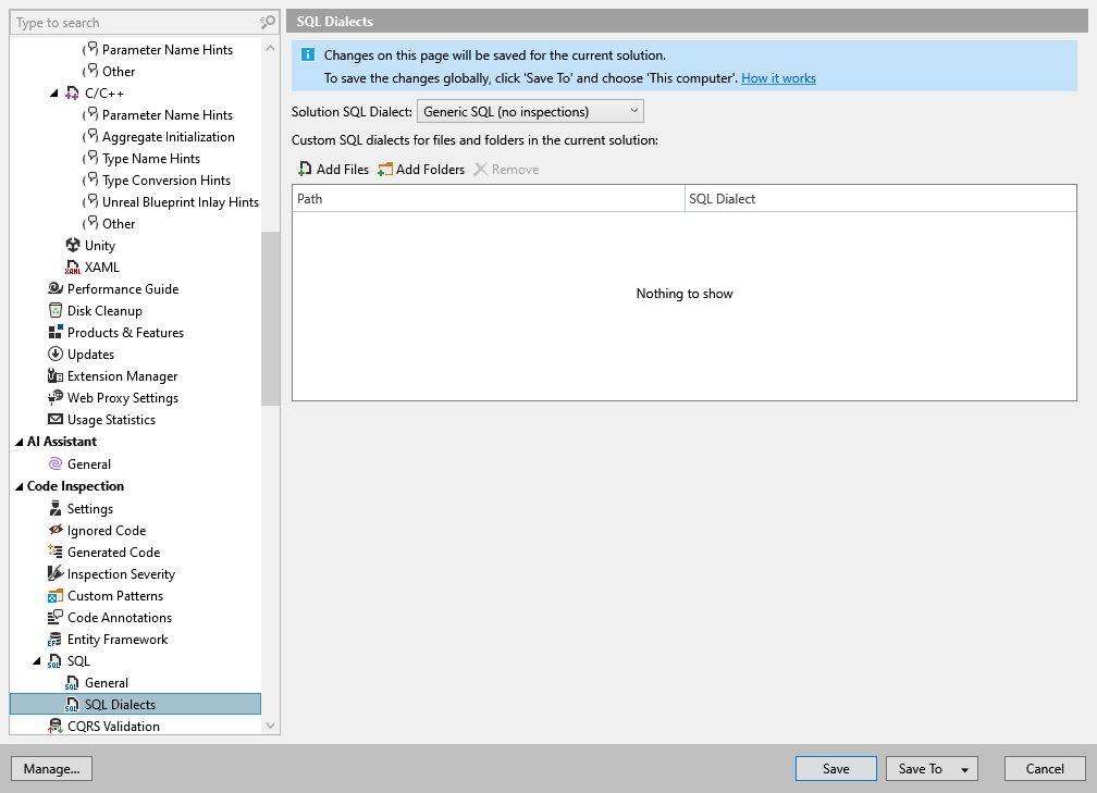 ReSharper options: Code Inspection | SQL | SQL Dialects