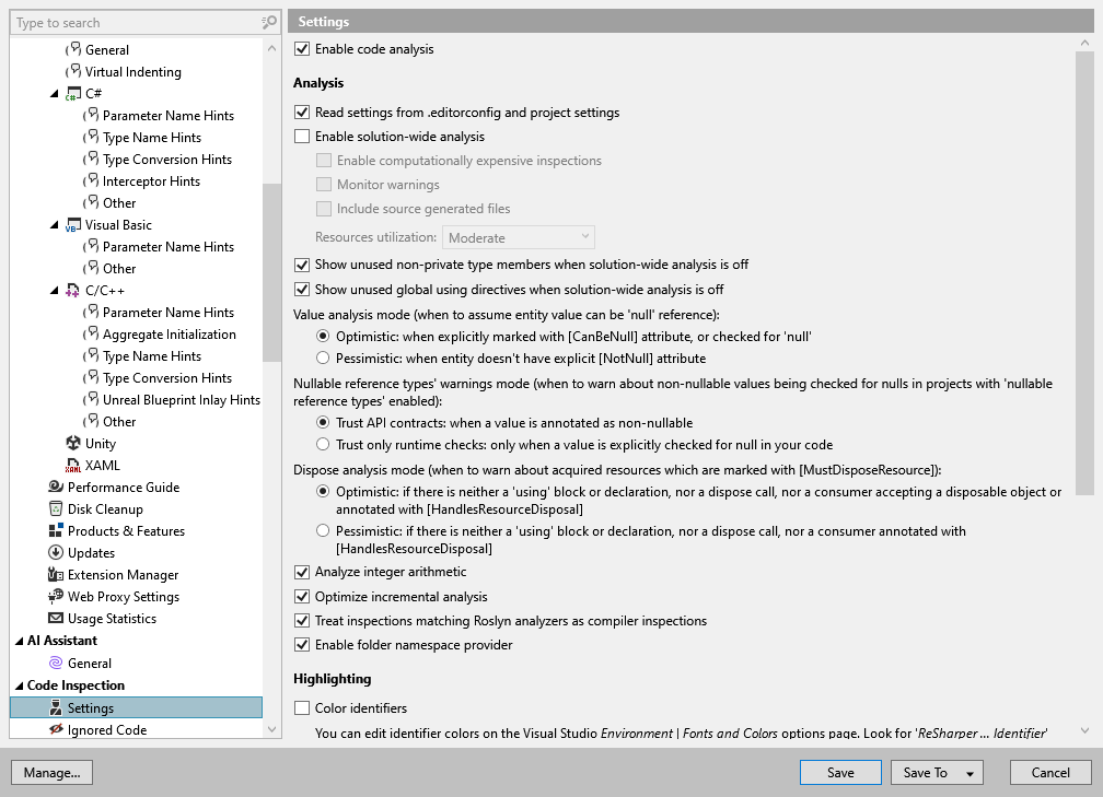 ReSharper options: Code Inspection | Settings