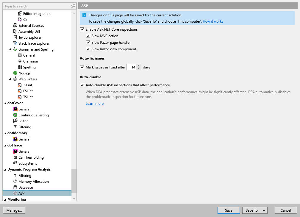 ReSharper options: Dynamic Program Analysis | ASP