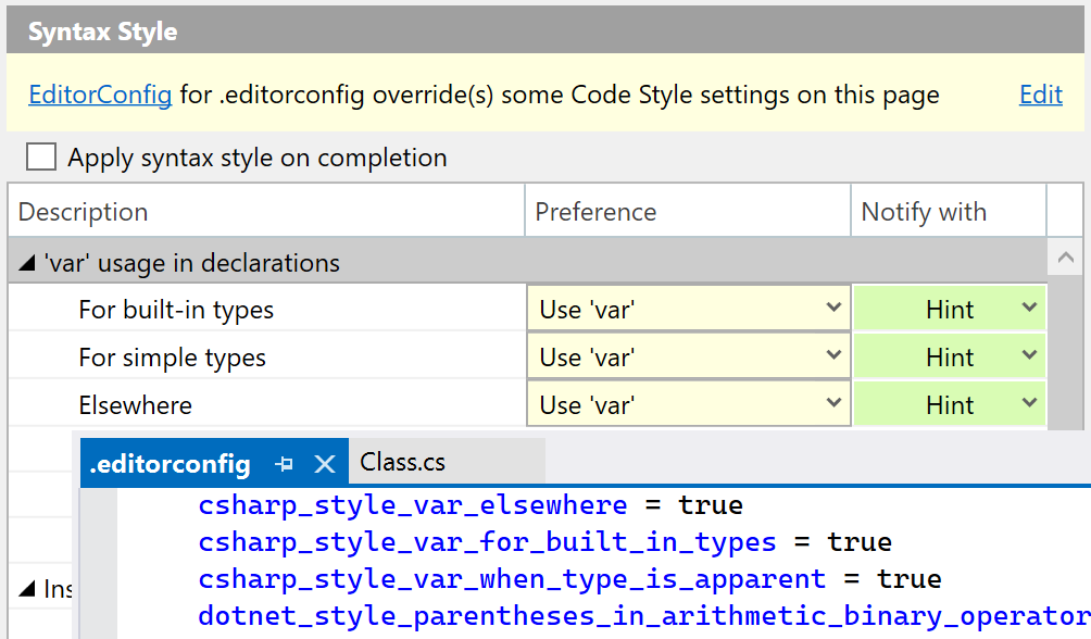 Code style options overridden by EditorConfig styles Code style options overridden by EditorConfig styles