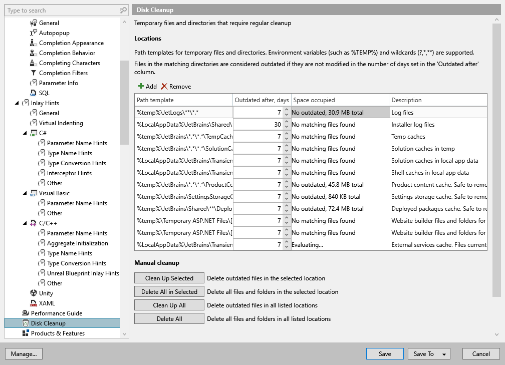 ReSharper options: Environment | Disk Cleanup