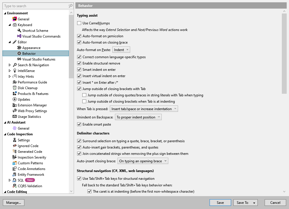 ReSharper options: Environment | Editor | Behavior