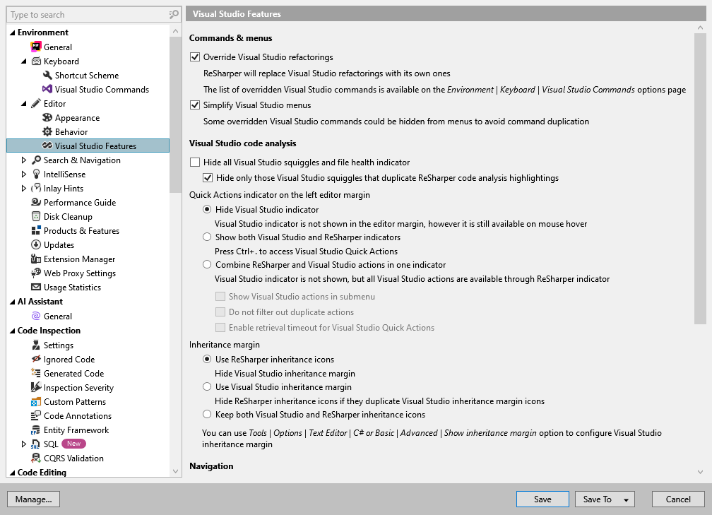 ReSharper options: Environment | Editor | Visual Studio Features