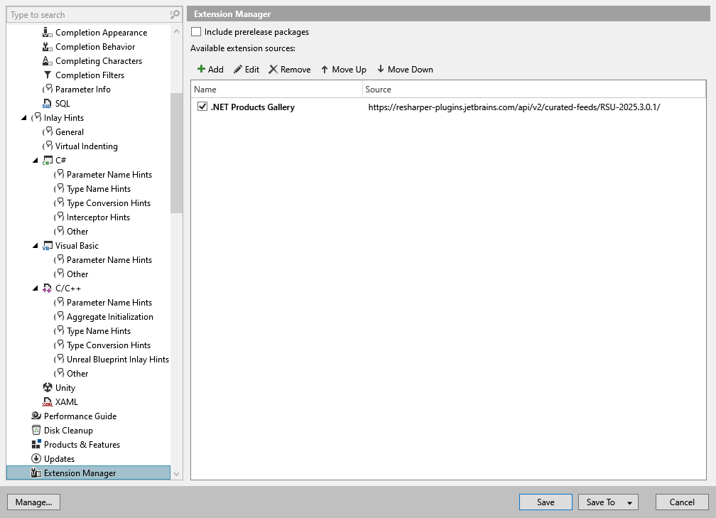ReSharper options: Environment | Extension Manager