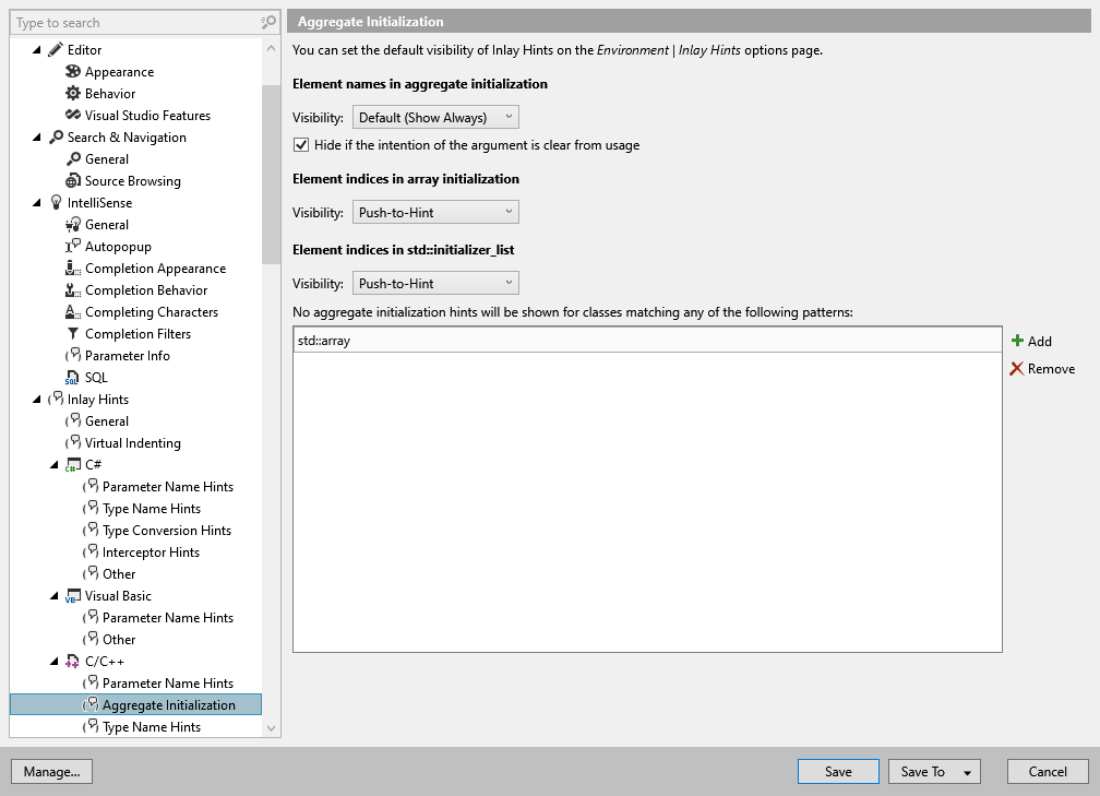 ReSharper 选项:Environment | Inlay Hints | C/C++ | 聚合初始化提示 ReSharper 选项:Environment | Inlay Hints | C/C++ | 聚合初始化提示