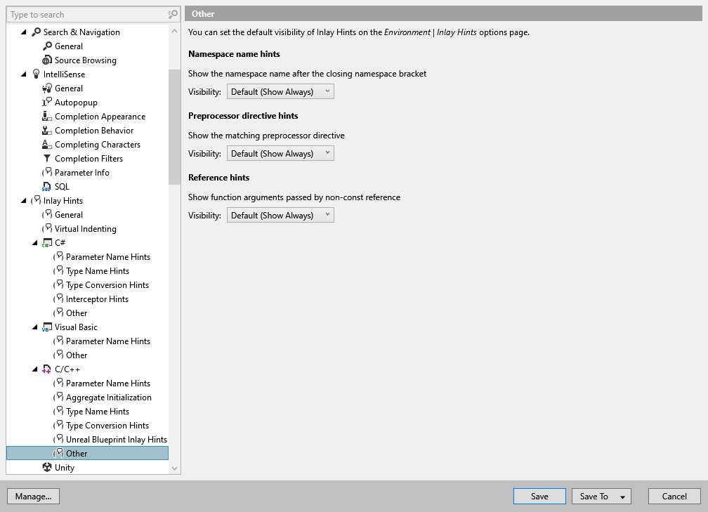 ReSharper options: Environment | Inlay Hints | C/C++ | Other ReSharper options: Environment | Inlay Hints | C/C++ | Other