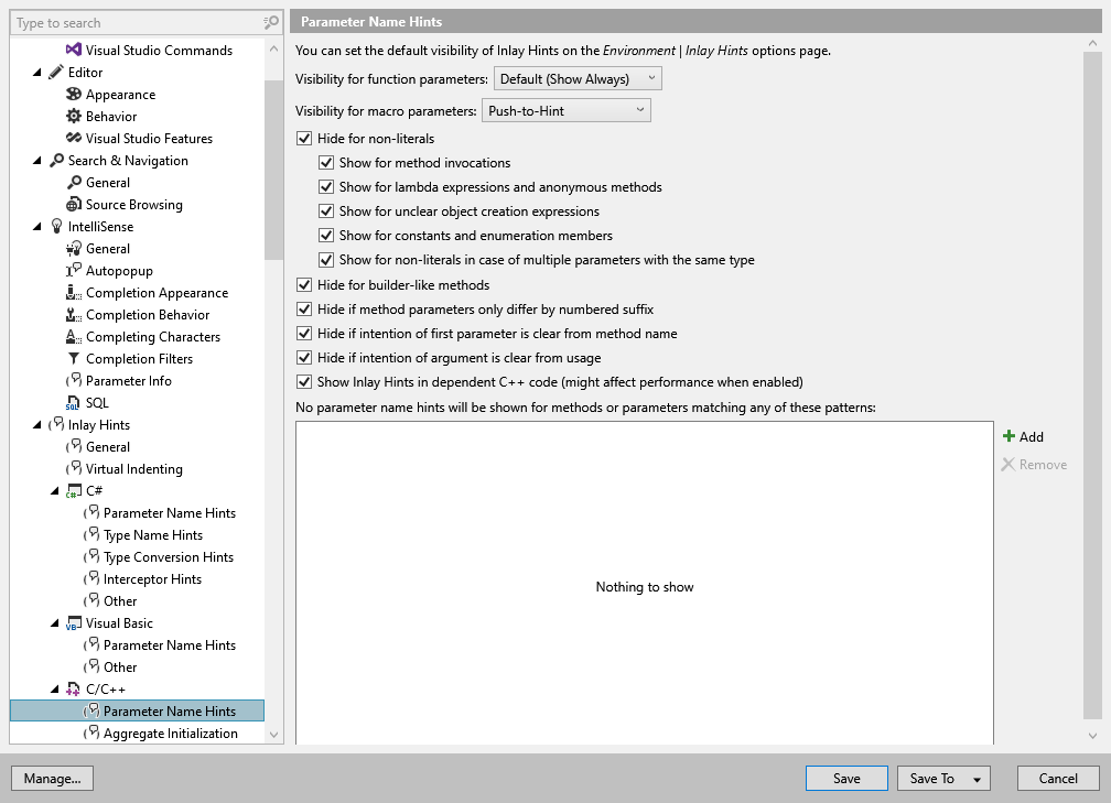 ReSharper 选项:Environment | Inlay Hints | C/C++ | 参数名称提示 ReSharper 选项:Environment | Inlay Hints | C/C++ | 参数名称提示
