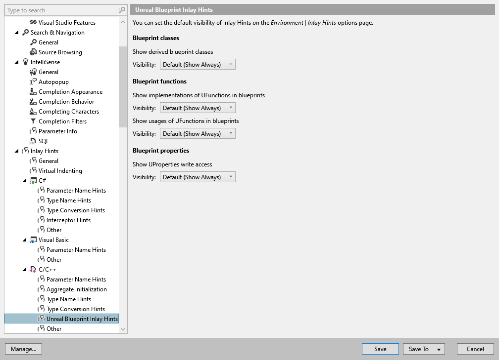 ReSharper 选项：Environment | Inlay Hints | C/C++ | Unreal Blueprint 内联提示
