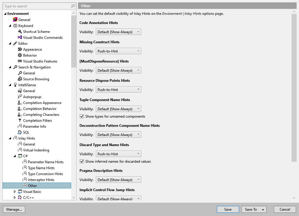 ReSharper 选项:环境 | 内嵌提示 | C# | 其他 ReSharper 选项:环境 | 内嵌提示 | C# | 其他