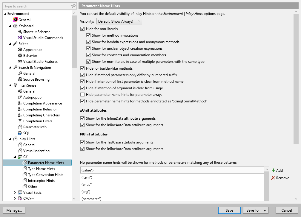 ReSharper 选项:Environment | Inlay Hints | C# | 参数名称提示 ReSharper 选项:Environment | Inlay Hints | C# | 参数名称提示
