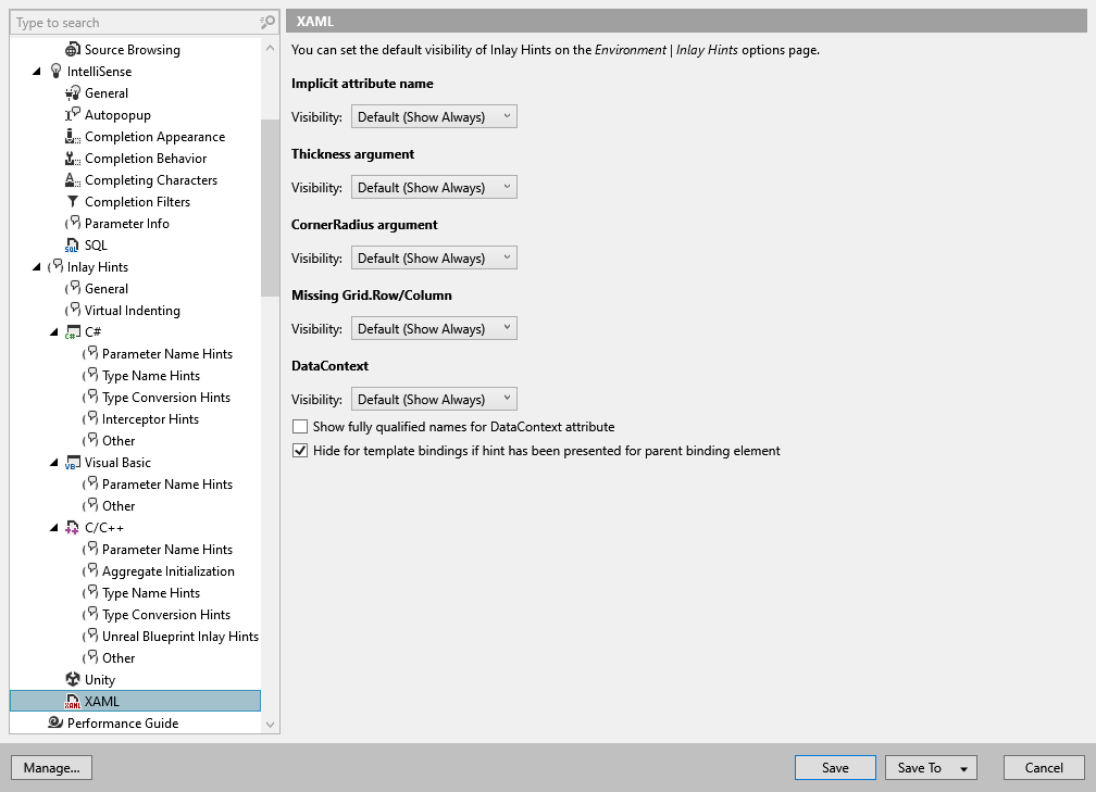 ReSharper options: Environment | Inlay Hints | XAML ReSharper options: Environment | Inlay Hints | XAML