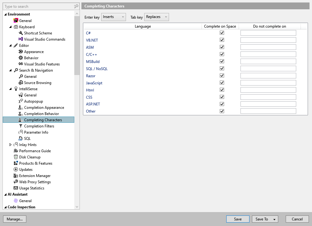 ReSharper options: Environment | IntelliSense | Completing Characters