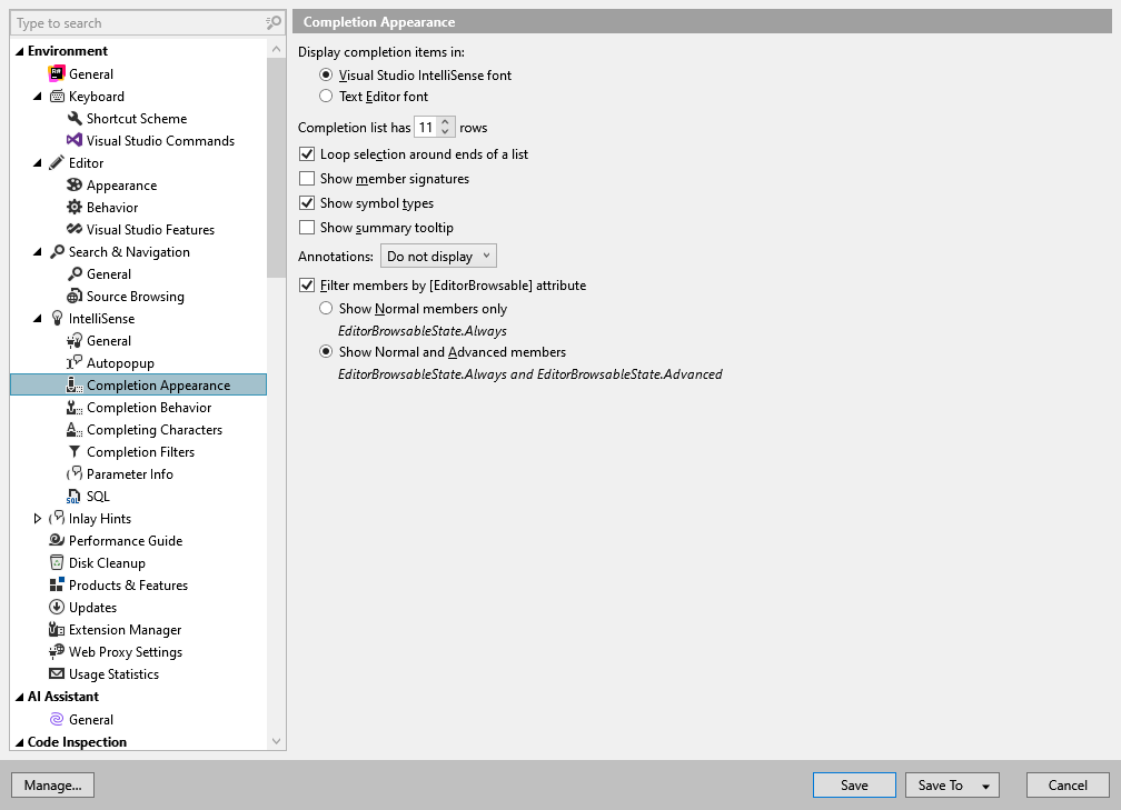 ReSharper options: Environment | IntelliSense | Completion Appearance