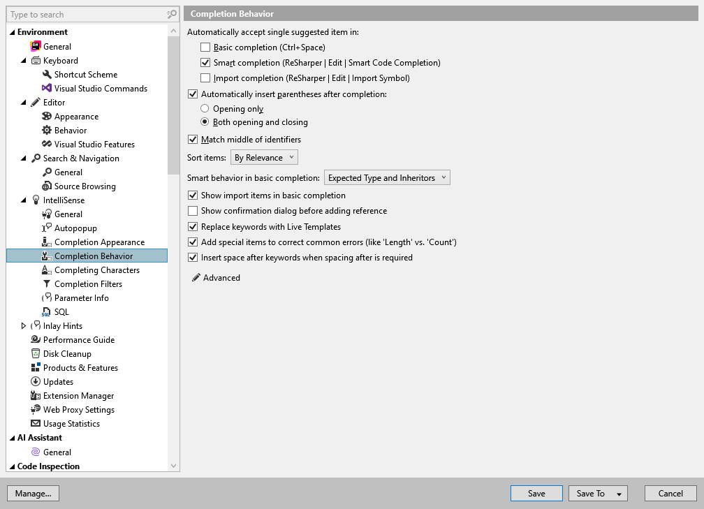 ReSharper options: Environment | IntelliSense | Completion Behavior ReSharper options: Environment | IntelliSense | Completion Behavior