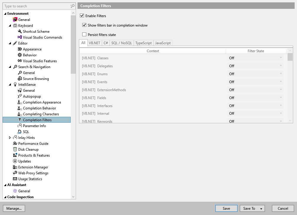 ReSharper options: Environment | IntelliSense | Completion Filters ReSharper options: Environment | IntelliSense | Completion Filters