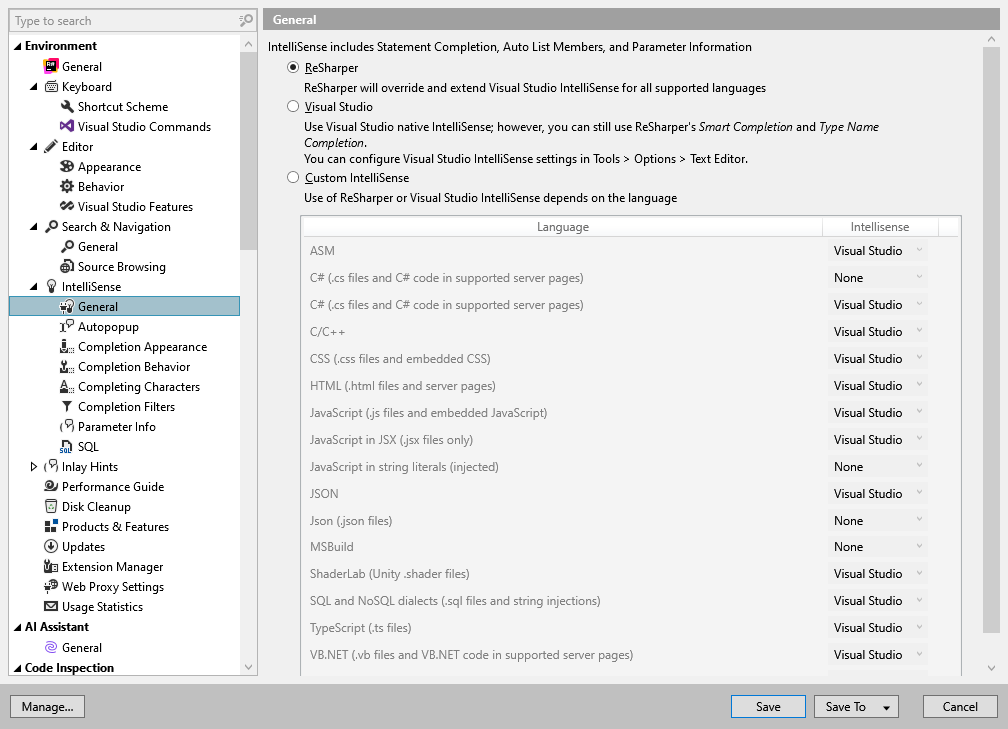 ReSharper options: Environment | IntelliSense | General