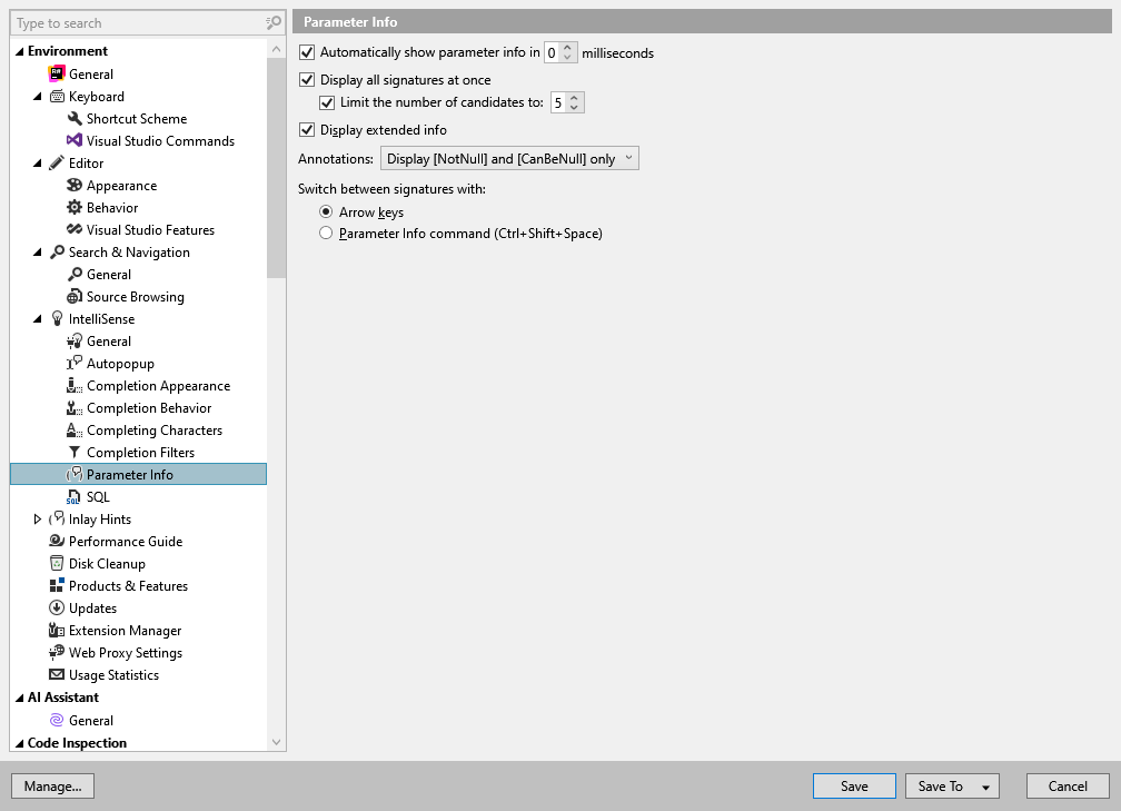 ReSharper options: Environment | IntelliSense | Parameter Info