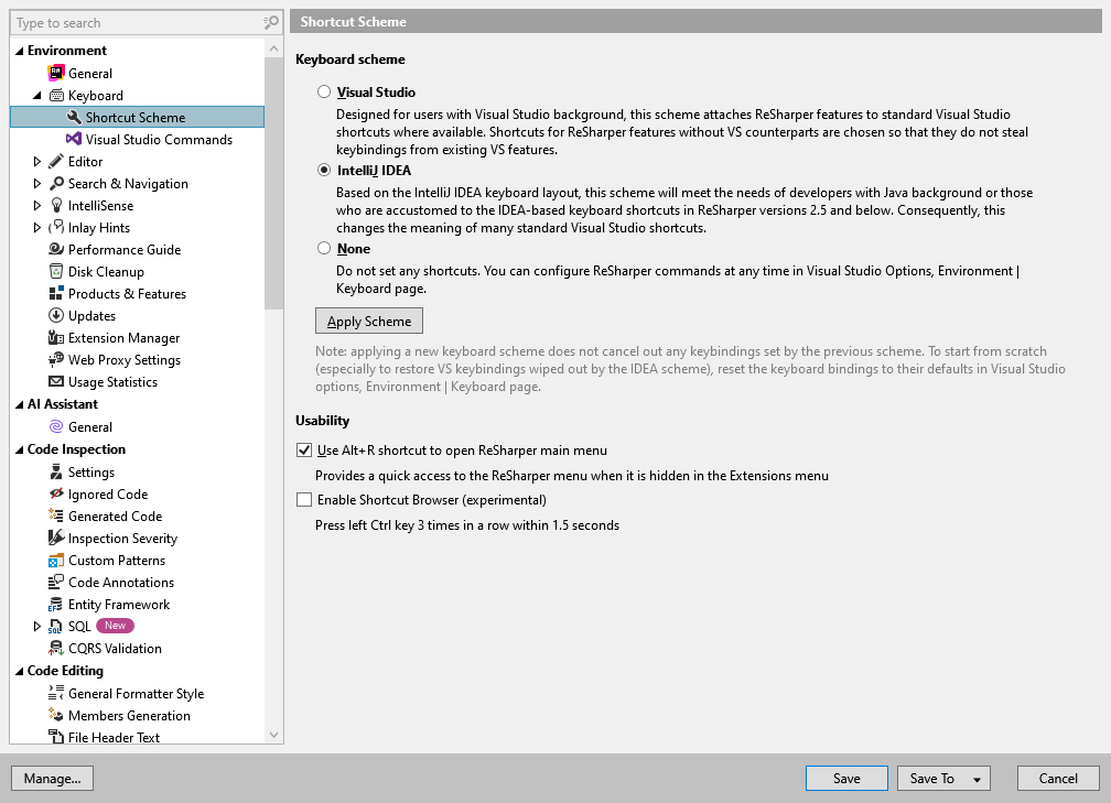 ReSharper options: Environment | Keyboard | Shortcuts Scheme