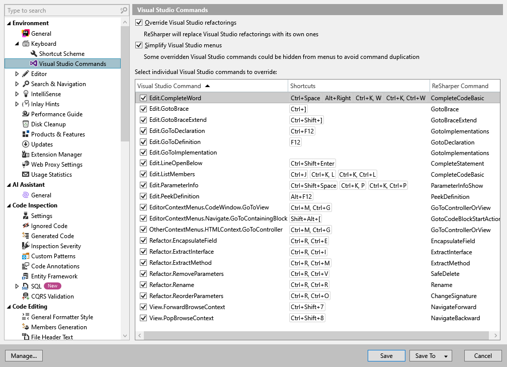ReSharper options: Environment | Keyboard | Visual Studio Commands