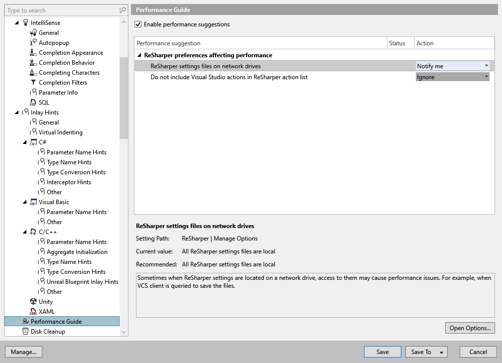 ReSharper options: Environment | Performance Guide