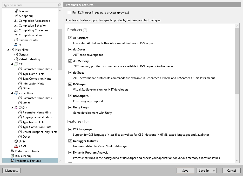 ReSharper options: Environment | Products & Features ReSharper options: Environment | Products & Features