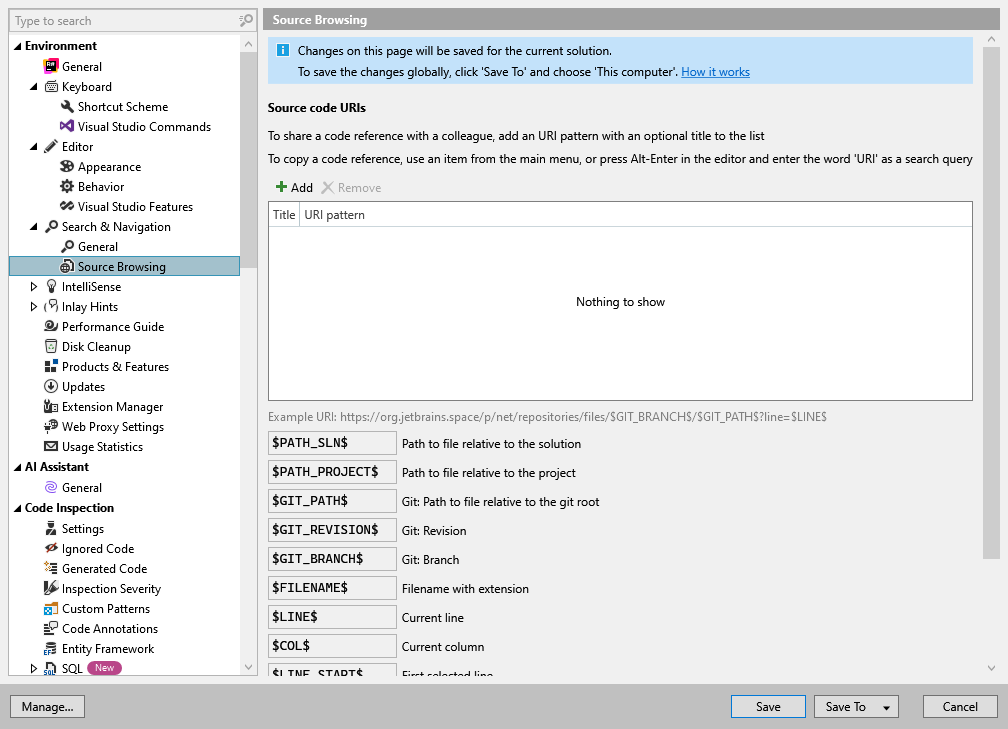 ReSharper options: Environment | Search & Navigation | Source Browsing