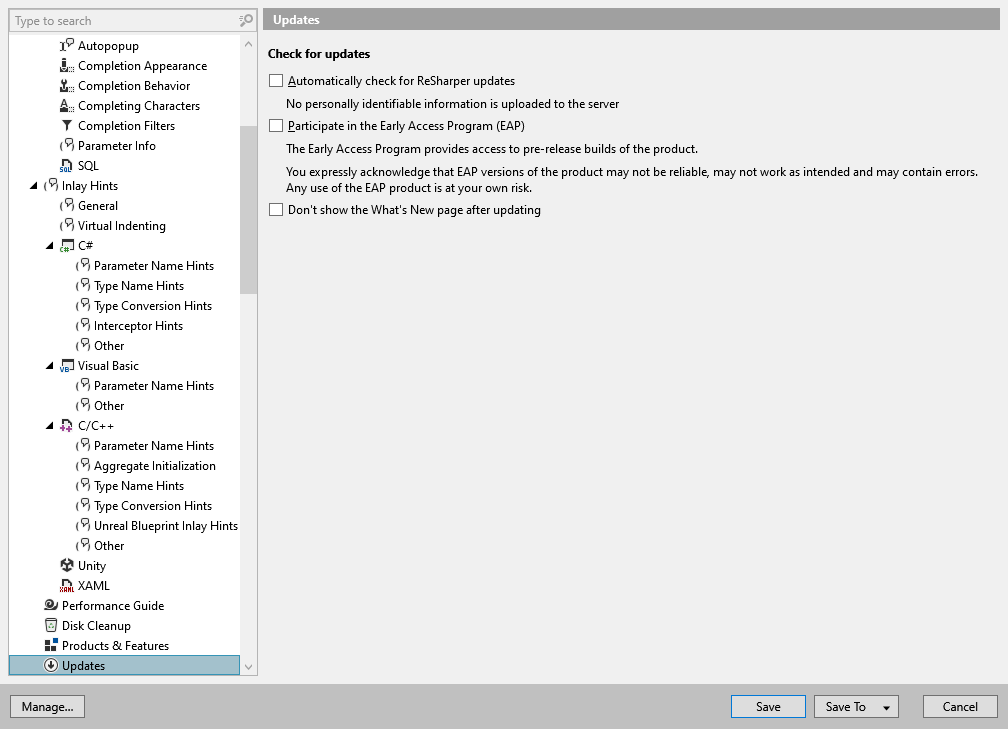 ReSharper options: Environment | Updates