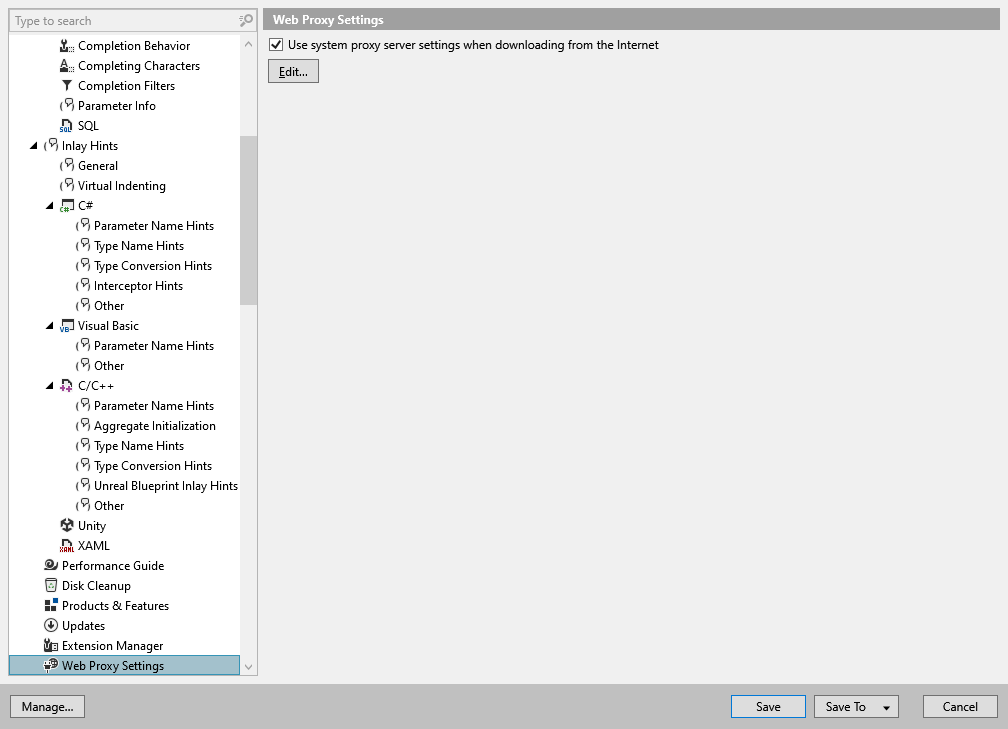 ReSharper options: Environment | Web Proxy Settings