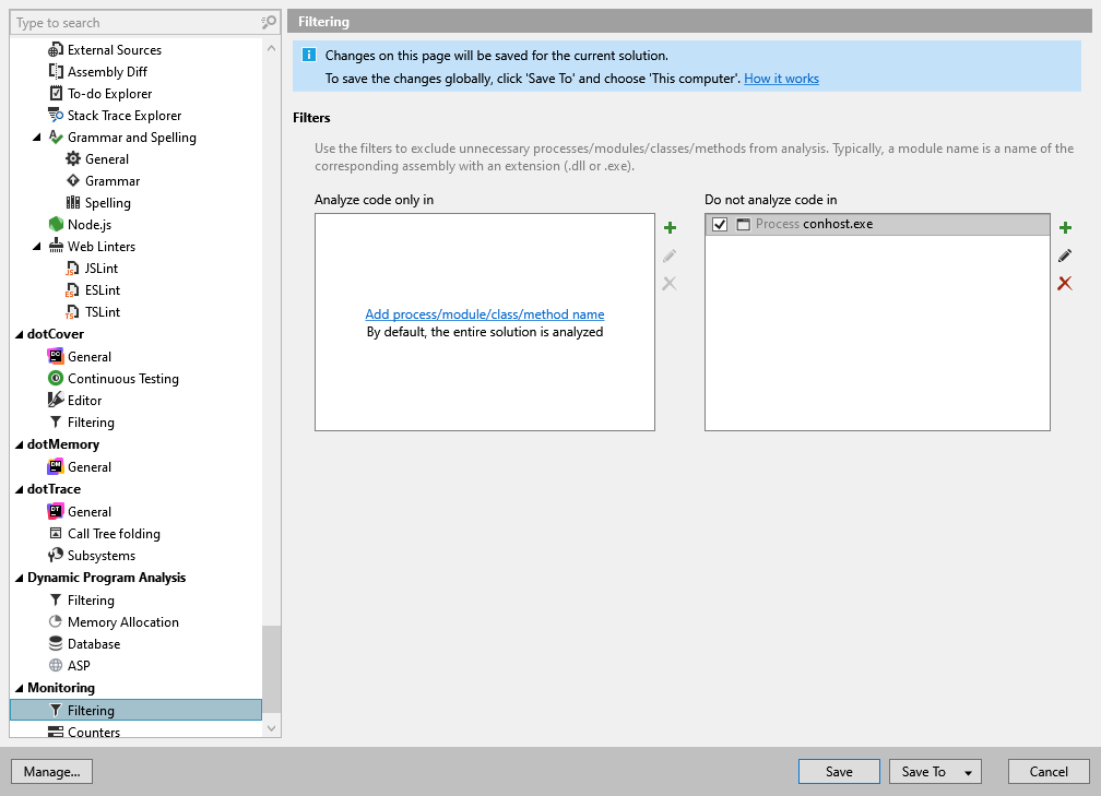 ReSharper options: Monitoring | Filtering ReSharper options: Monitoring | Filtering
