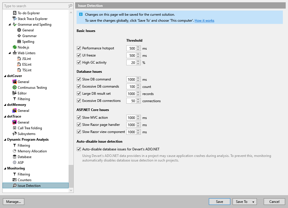 ReSharper options: Monitoring | Issue Detection