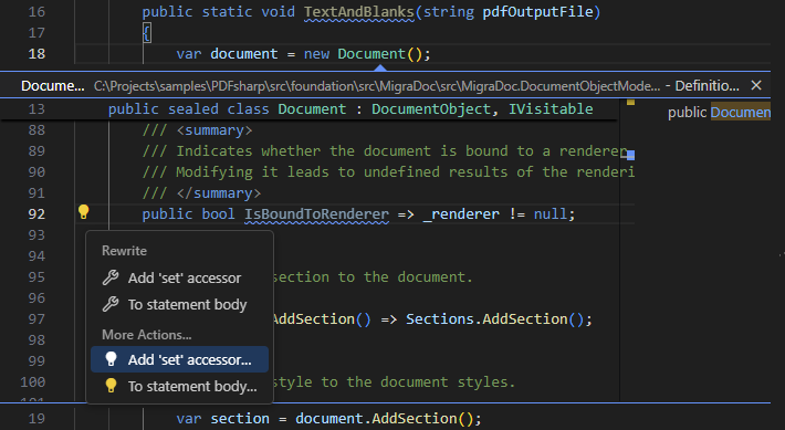 Code inspection in the Peek definition view