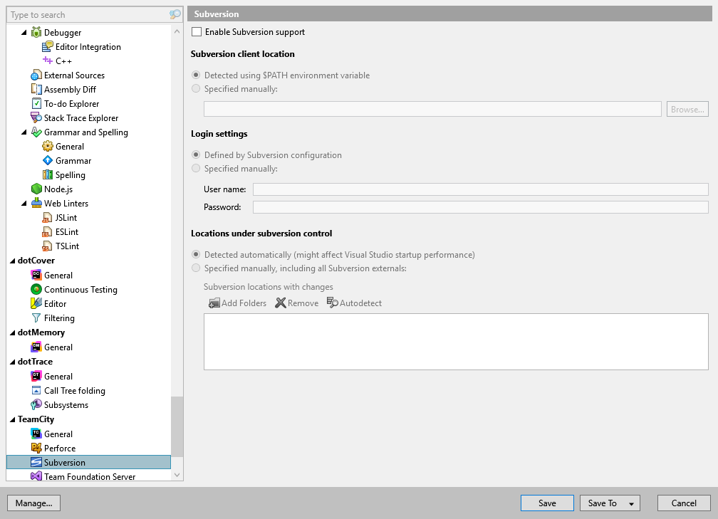 TeamCity&nbsp;Add-in options: TeamCity | Subversion