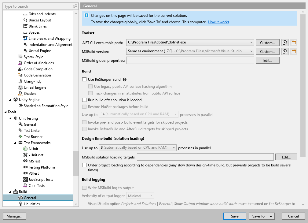 ReSharper options: Tools | Build | General