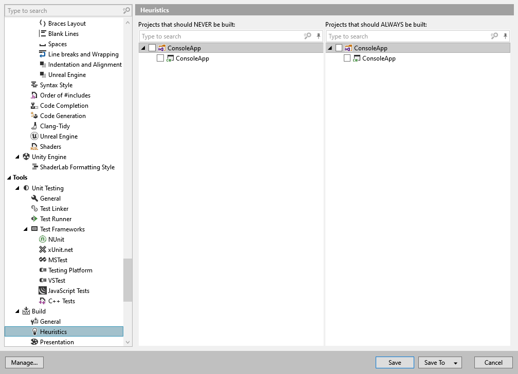 dotCover 选项：工具 | 构建 | 启发式方法