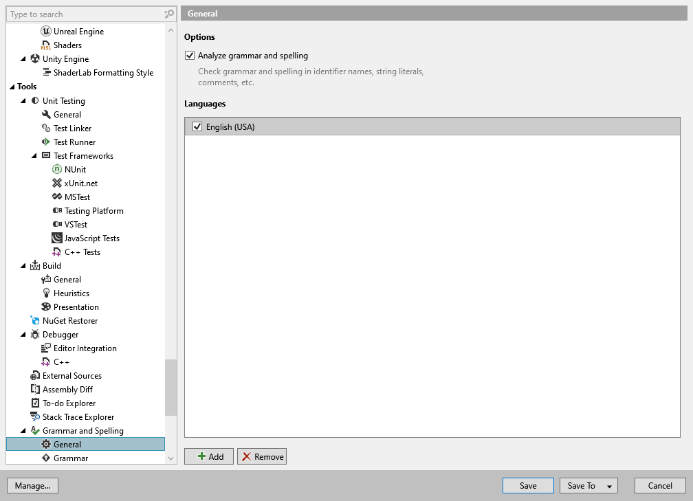 ReSharper options: Tools | Grammar and Spelling | General