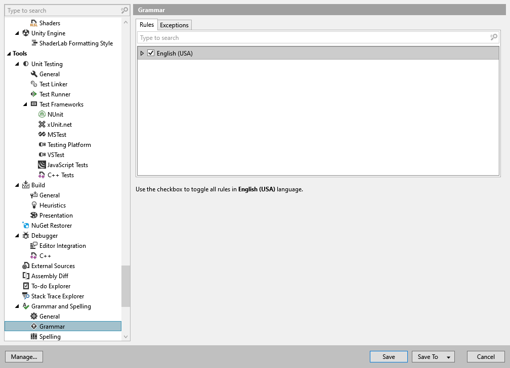 ReSharper options: Tools | Grammar and Spelling | Grammar