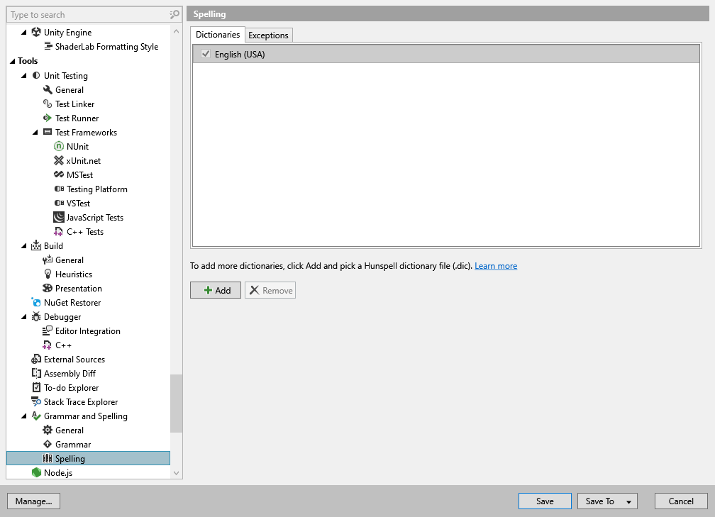 ReSharper options: Tools | Grammar and Spelling | Spelling