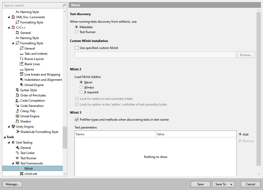 ReSharper options: Tools | Unit Testing | Test Frameworks | NUnit